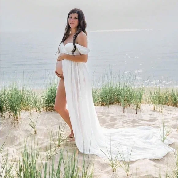 Maternity Photo Shoot off the shoulder party formal evening holiday dress - Picture 7 of 9